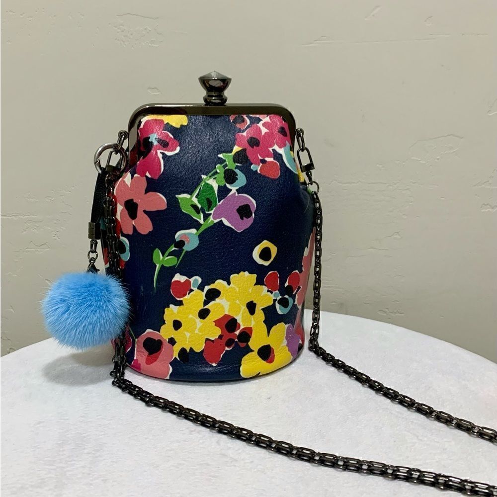 Handmade Genuine Leather Floral Print Push-lock Bucket Bag & Mink Fur Charm